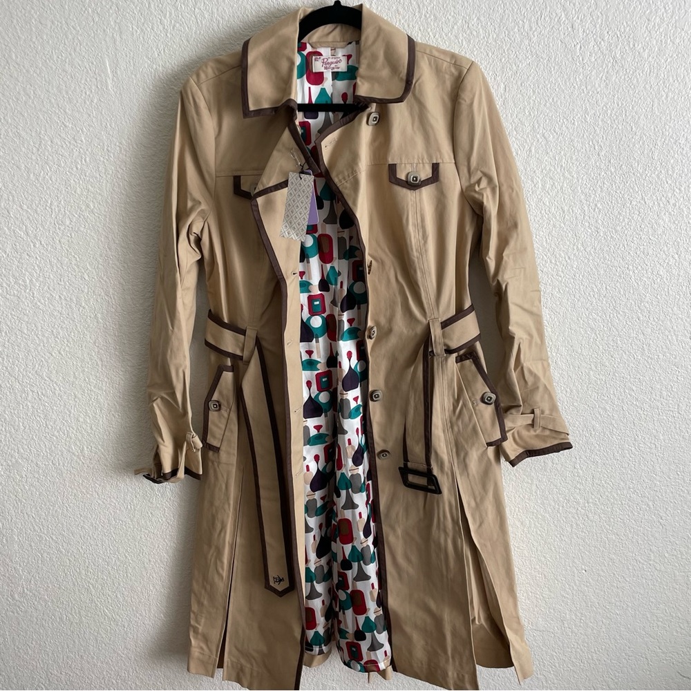 NWT Penguin Beige Trench Coat with Mixed Print Lining and Brown Trim